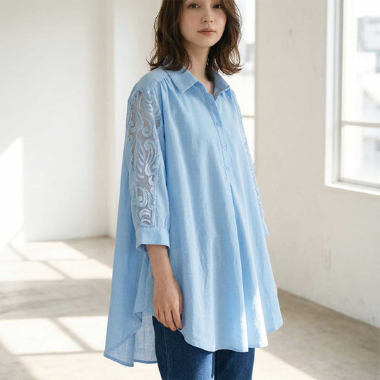 華やぐレース袖。シンプル無地が引き立てる「大人の上品チュニックブラウス」