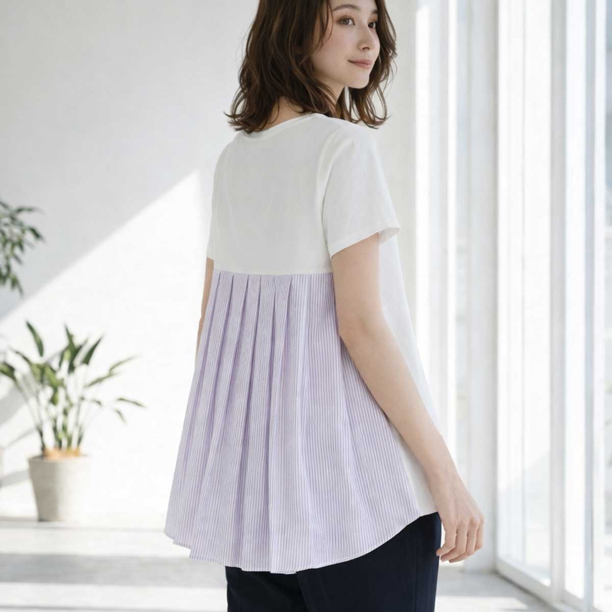 バックプリーツ Tシャツ 半袖 綿100 ゆったり 体型カバー 着痩せ M L