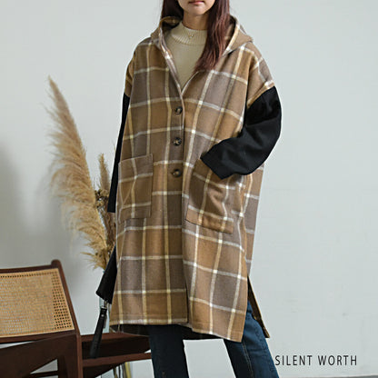 【SALE】【M】起毛チェック柄フードロングコート｜SILENT WORTH