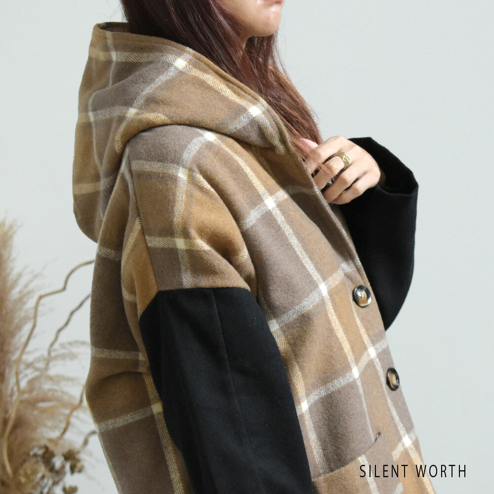SALE】【M】起毛チェック柄フードロングコート｜SILENT WORTH｜SILENT