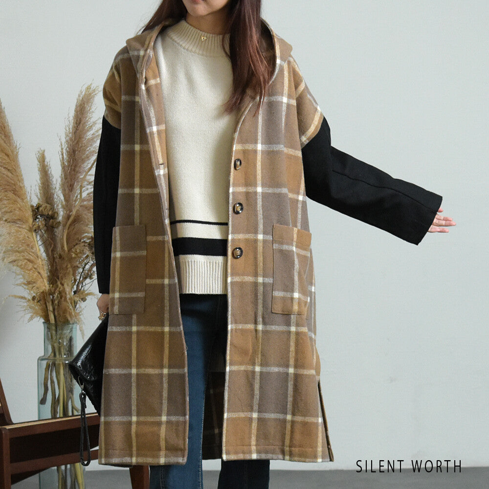 SALE】【M】起毛チェック柄フードロングコート｜SILENT WORTH｜SILENT