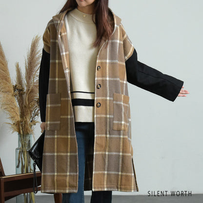 【SALE】【M】起毛チェック柄フードロングコート｜SILENT WORTH