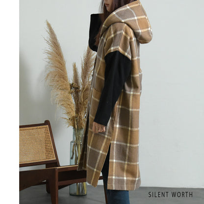 【SALE】【M】起毛チェック柄フードロングコート｜SILENT WORTH
