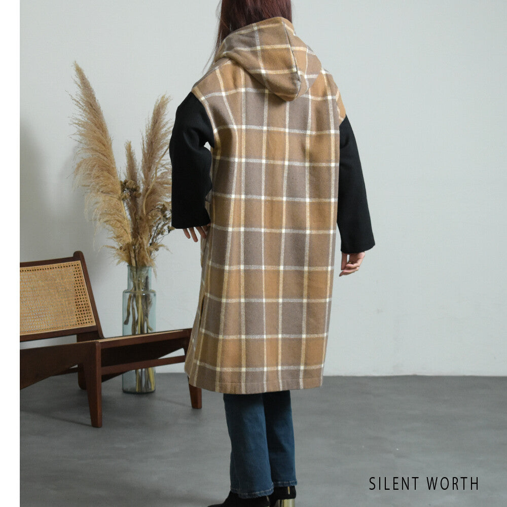 SALE】【M】起毛チェック柄フードロングコート｜SILENT WORTH｜SILENT
