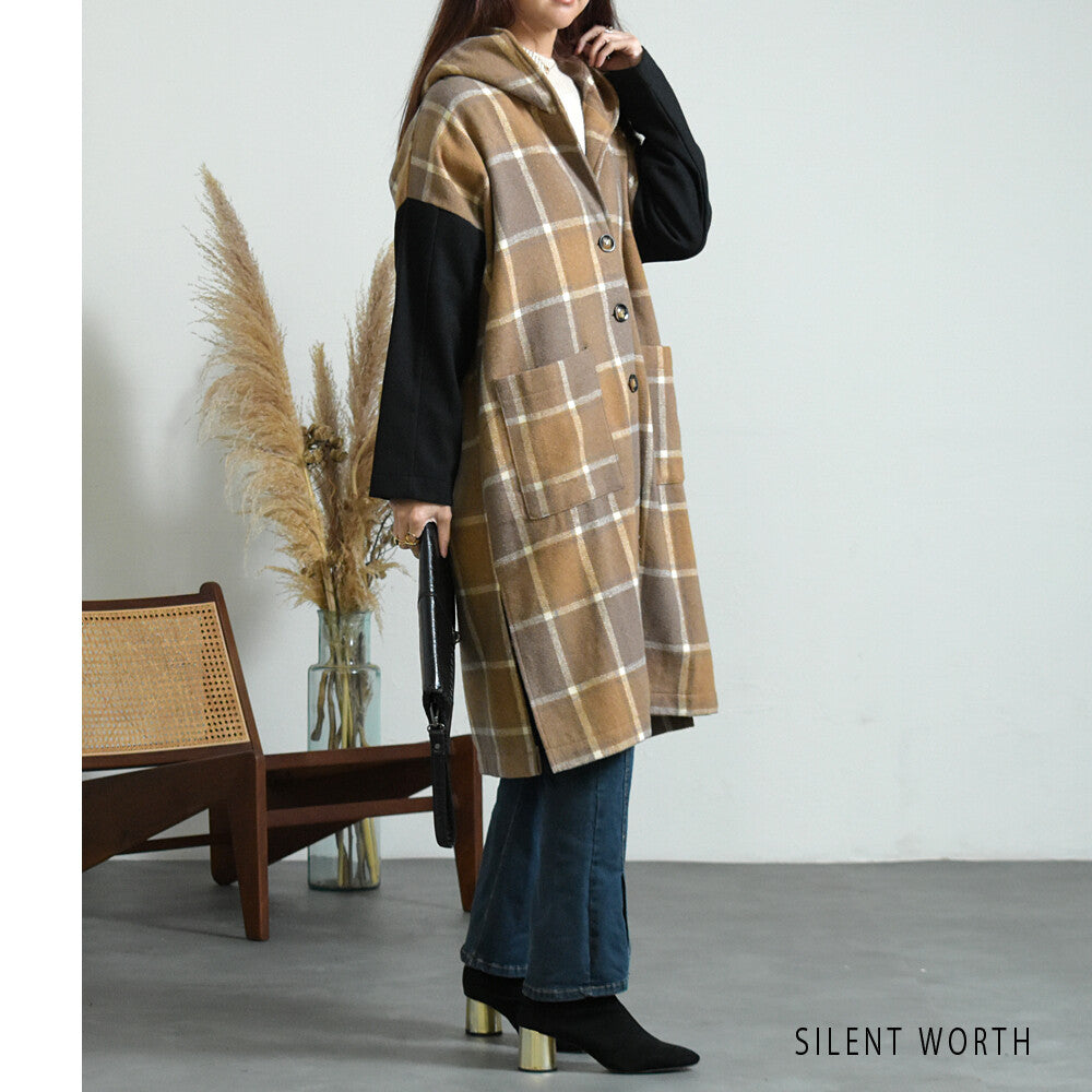 メゾンレネー　チェック　フード　ロングコート SALE】【M】起毛チェック柄フードロングコート｜SILENT WORTH｜SILENT