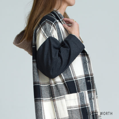 【SALE】【M】起毛チェック柄フードロングコート｜SILENT WORTH