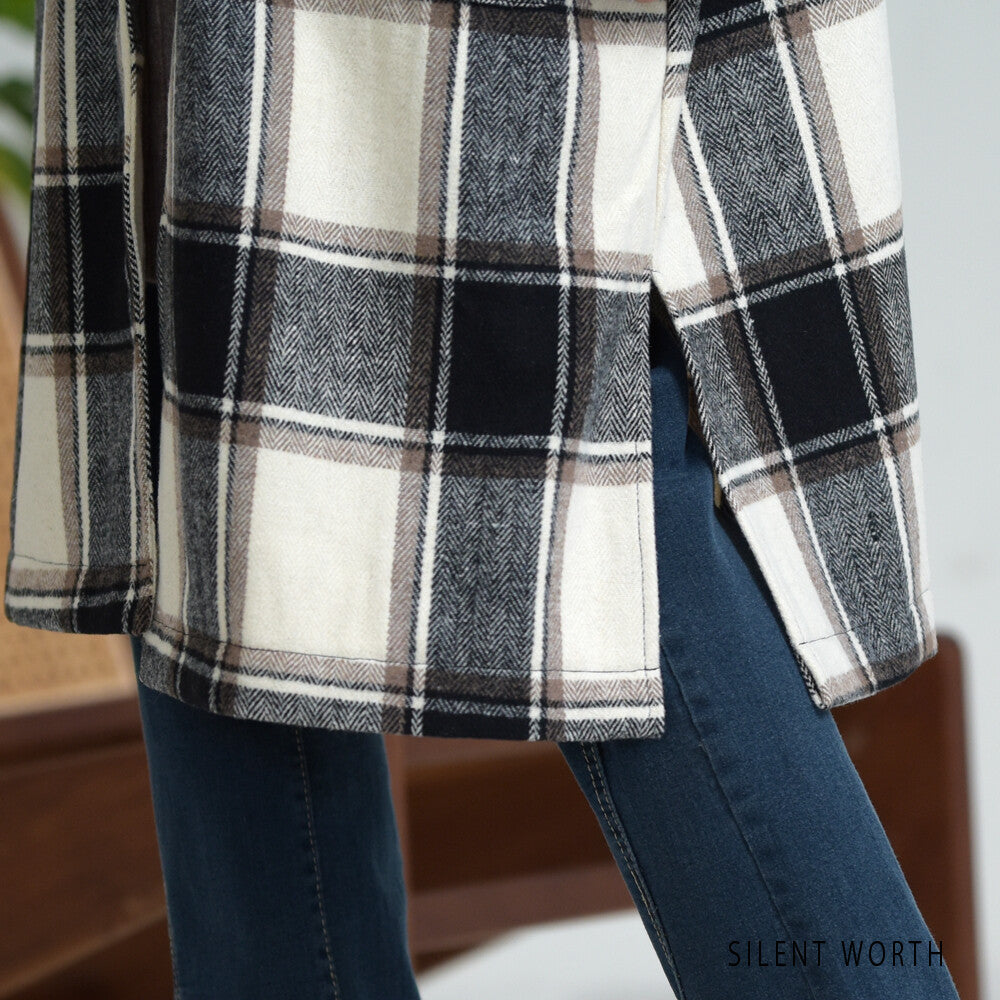 【SALE】【M】起毛チェック柄フードロングコート｜SILENT WORTH