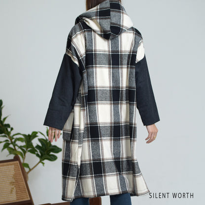 【SALE】【M】起毛チェック柄フードロングコート｜SILENT WORTH