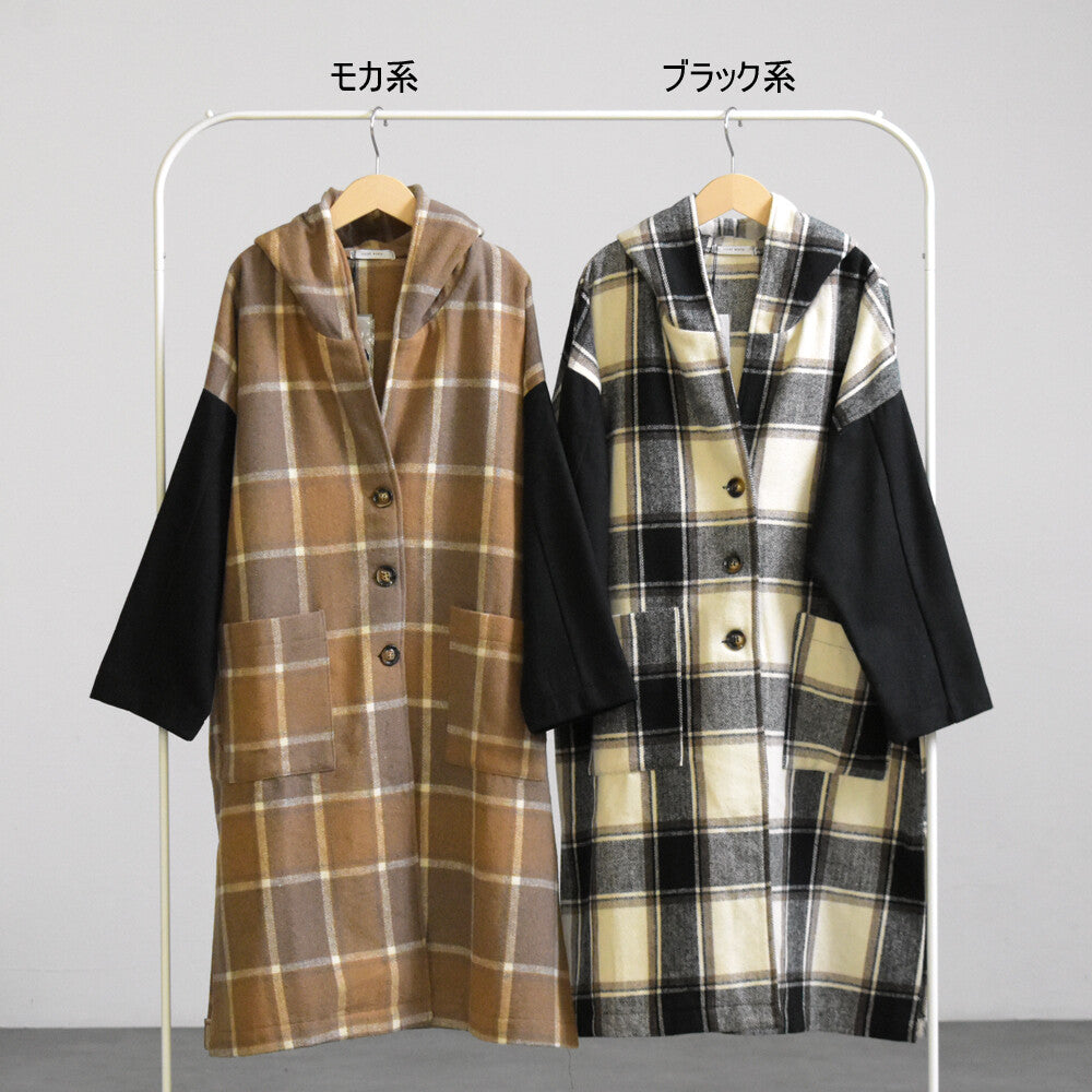 SALE】【M】起毛チェック柄フードロングコート｜SILENT WORTH｜SILENT