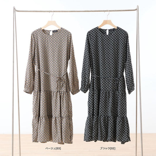 チェーン柄 プリント ティアード ワンピース ロング丈 長袖 ゆったり 体型カバー M-L