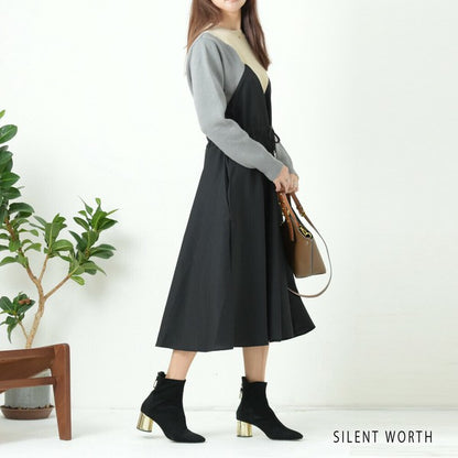 【M】ニット異素材切替ブロッキングワンピース｜立体シルエット・体型カバー・SILENT WORTH N-2569