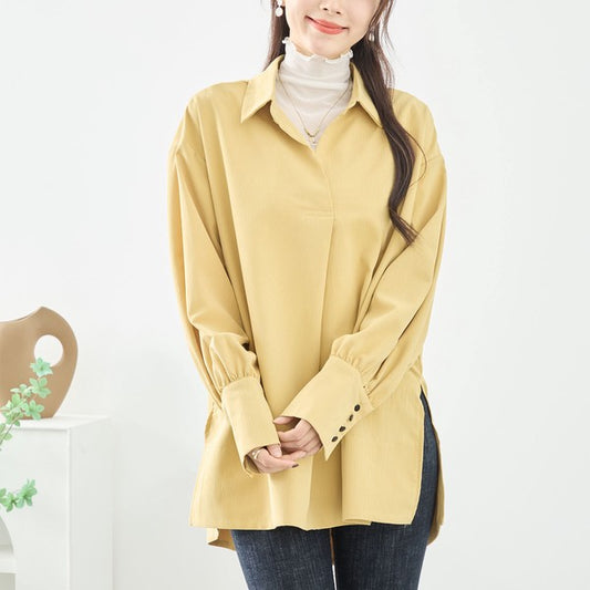 ブラウス チュニック スキッパー シボ ゆったり 体型カバー スリット 長袖 秋冬 L LL