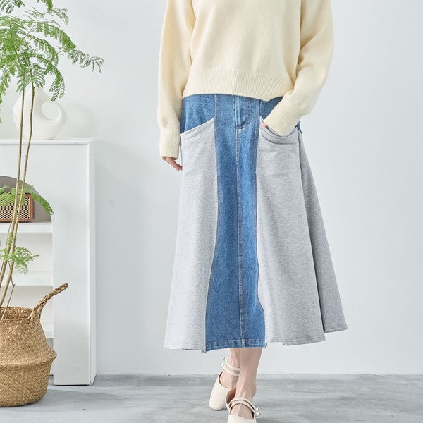デニム スカート ロングスカート サイド切替 フレア 後ろゴム すっきり 春夏秋冬 M L
