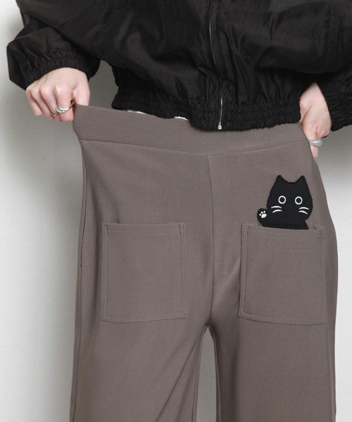 【M〜L】【LL】猫アップリケ ワイドパンツ ボトムス ウエストゴム ポケット付き