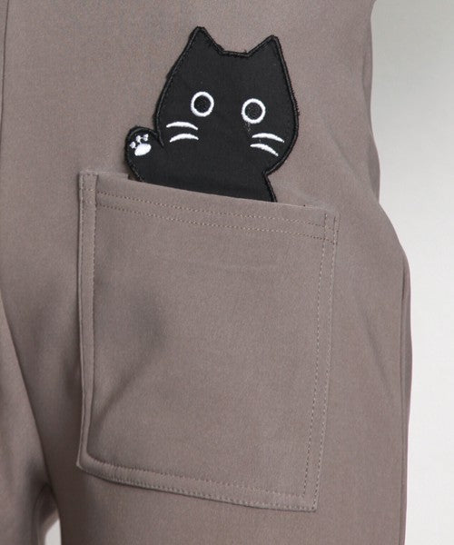 【M〜L】【LL】猫アップリケ ワイドパンツ ボトムス ウエストゴム ポケット付き