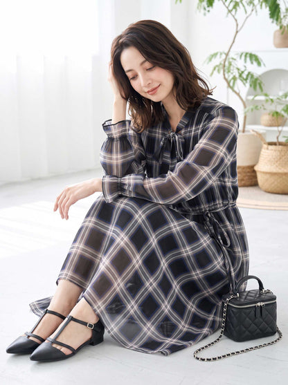 シフォン ボウタイ チェック柄 ワンピース 長袖 ゆったり 体型カバー M-L