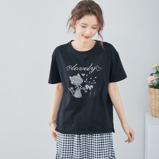 【M〜L】パール ラインストーン ネコ デザイン Tシャツ カットソー(C31-773)