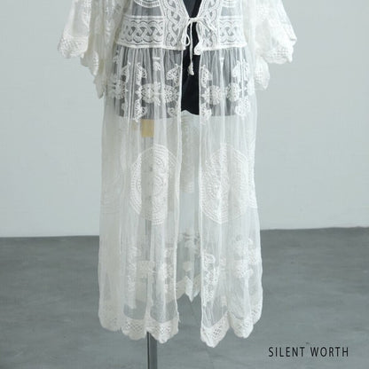 【M】綿混 チュール刺繍レース カーディガン SILENT WORTH｜シアー 上品 体型カバー 羽織り 夏 N-2736