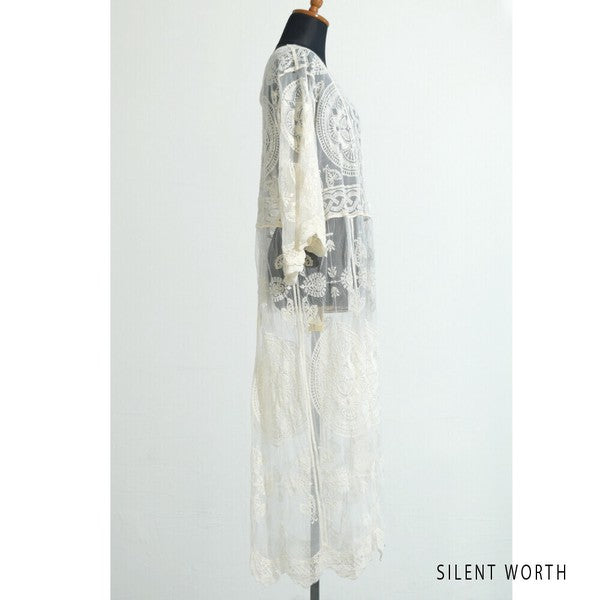 【M】綿混 チュール刺繍レース カーディガン SILENT WORTH｜シアー 上品 体型カバー 羽織り 夏 N-2736