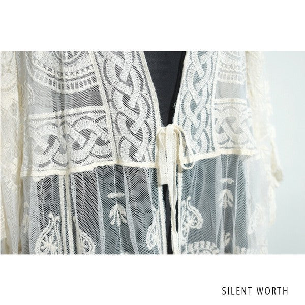 【M】綿混 チュール刺繍レース カーディガン SILENT WORTH｜シアー 上品 体型カバー 羽織り 夏 N-2736
