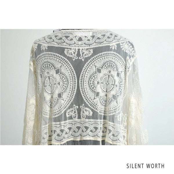 【M】綿混 チュール刺繍レース カーディガン SILENT WORTH｜シアー 上品 体型カバー 羽織り 夏 N-2736