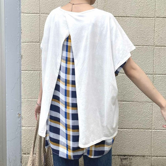 【SALE】バックシャン レイヤード 半袖 Tシャツ カットソー チュニック プルオーバー