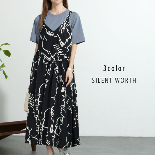【M】総柄アシメキャミワンピース｜華奢見え ギャザー切替 ペイント柄 SILENT WORTH N-2823