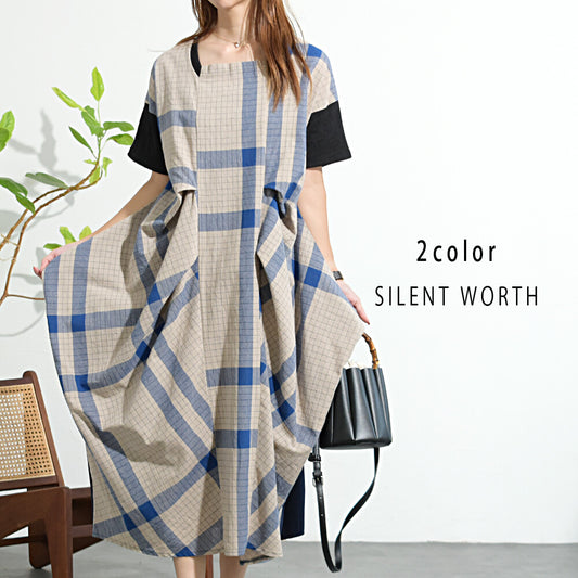 【Mサイズ】綿混チェック柄・タックデザインワンピース｜大人カジュアル・体型カバー・SILENT WORTH C-3086