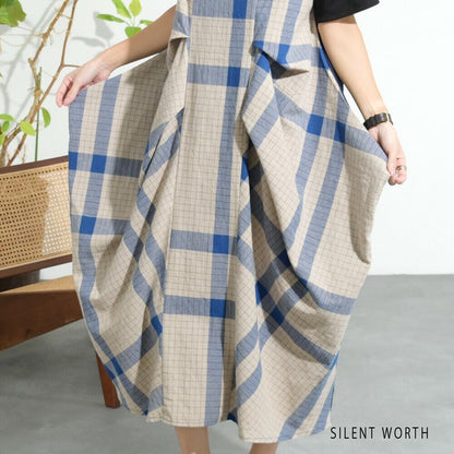 【Mサイズ】綿混チェック柄・タックデザインワンピース｜大人カジュアル・体型カバー・SILENT WORTH C-3086