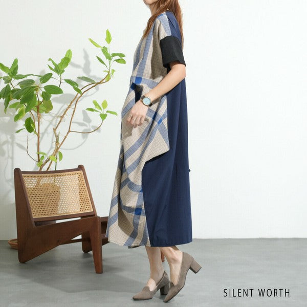 【Mサイズ】綿混チェック柄・タックデザインワンピース｜大人カジュアル・体型カバー・SILENT WORTH C-3086