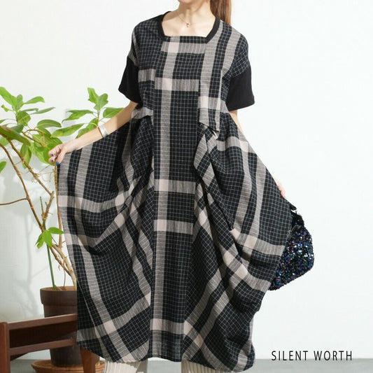 【Mサイズ】綿混チェック柄・タックデザインワンピース｜大人カジュアル・体型カバー・SILENT WORTH C-3086