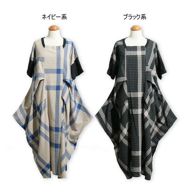 【Mサイズ】綿混チェック柄・タックデザインワンピース｜大人カジュアル・体型カバー・SILENT WORTH C-3086