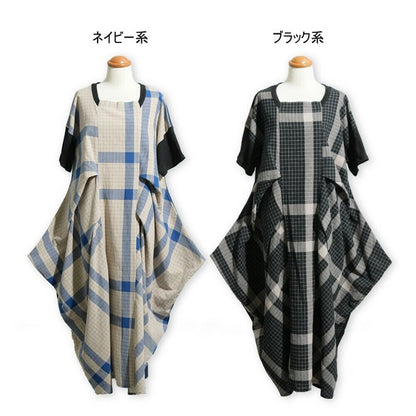 【Mサイズ】綿混チェック柄・タックデザインワンピース｜大人カジュアル・体型カバー・SILENT WORTH C-3086