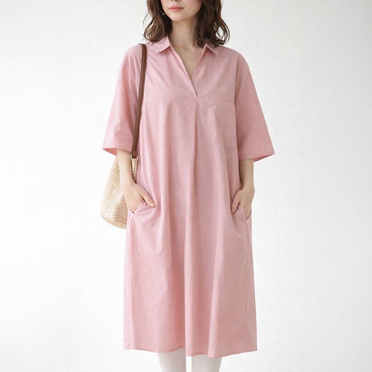 綿100 スキッパー シャツワンピース 6分袖 ゆったり 体型カバー 膝下 ミディ