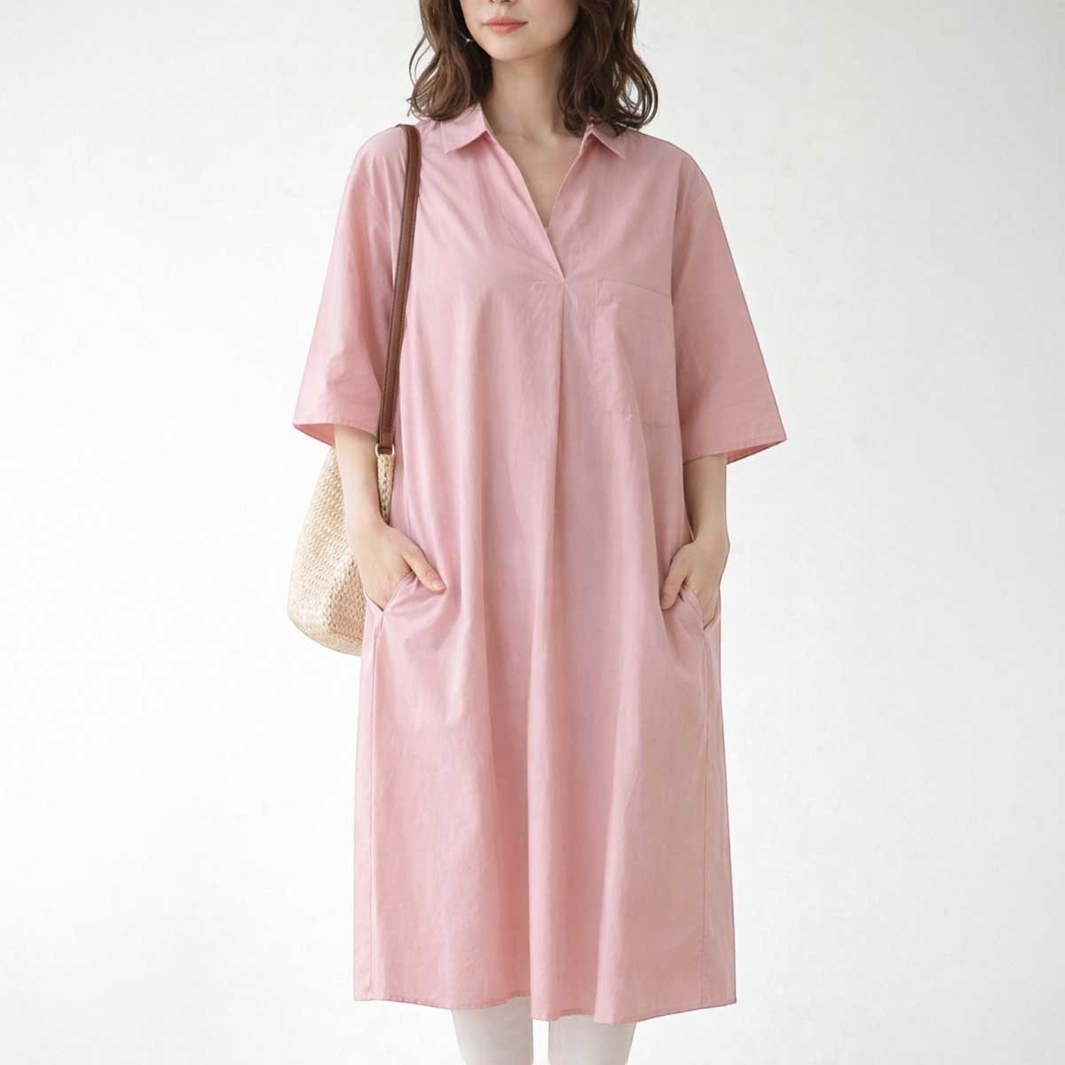 綿100 スキッパー シャツワンピース 6分袖 ゆったり 体型カバー 膝下 ミディ