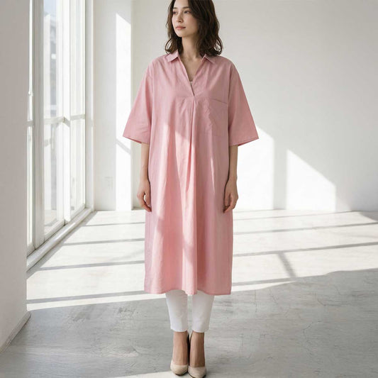 綿100 スキッパー シャツワンピース 6分袖 ゆったり 体型カバー 膝下 ミディ