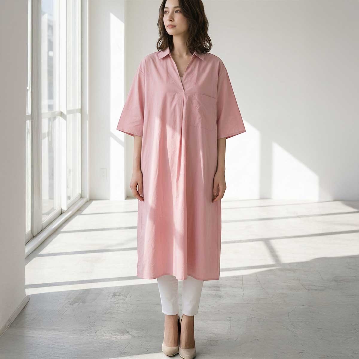 綿100 スキッパー シャツワンピース 6分袖 ゆったり 体型カバー 膝下 ミディ