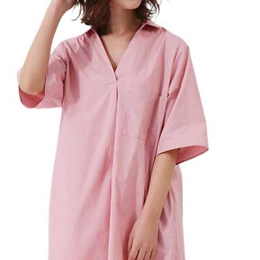 綿100 スキッパー シャツワンピース 6分袖 ゆったり 体型カバー 膝下 ミディ