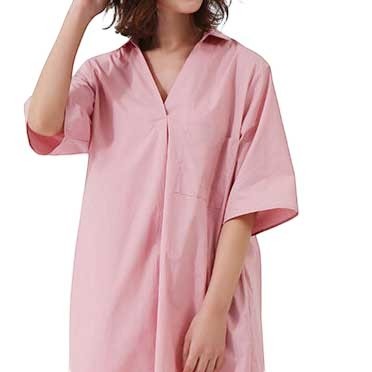 綿100 スキッパー シャツワンピース 6分袖 ゆったり 体型カバー 膝下 ミディ