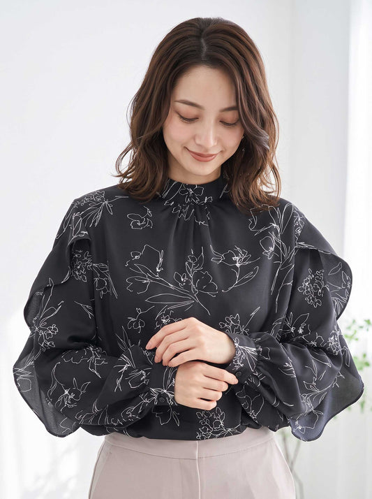 ブラウス 花柄 フリルスリーブ プチハイネック すっきり 長袖 春 秋 冬 M L