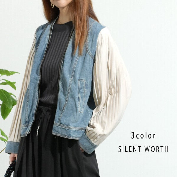 【M】プリーツ×デニム切替ジャケット｜異素材コンビ・カジュアルアウター・SILENT WORTH N-2865