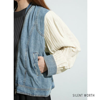 【M】プリーツ×デニム切替ジャケット｜異素材コンビ・カジュアルアウター・SILENT WORTH N-2865