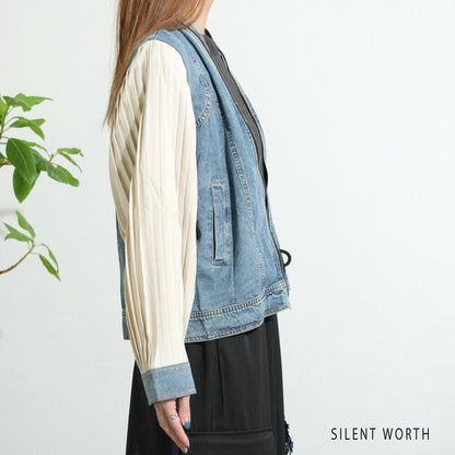 【M】プリーツ×デニム切替ジャケット｜異素材コンビ・カジュアルアウター・SILENT WORTH N-2865