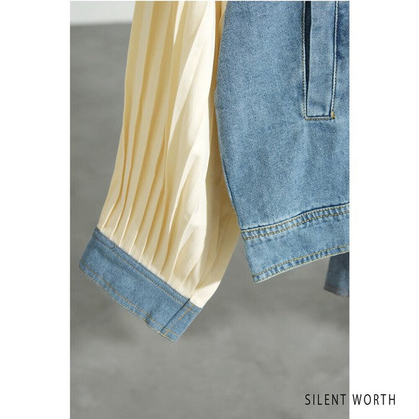 【M】プリーツ×デニム切替ジャケット｜異素材コンビ・カジュアルアウター・SILENT WORTH N-2865