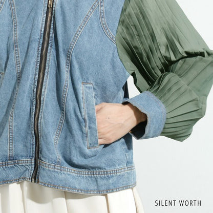 【M】プリーツ×デニム切替ジャケット｜異素材コンビ・カジュアルアウター・SILENT WORTH N-2865