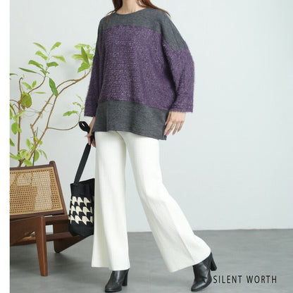 【M〜L相当】シャギー配色プルオーバー｜ふんわり起毛・異素材切替・大人ナチュラル・C-3177