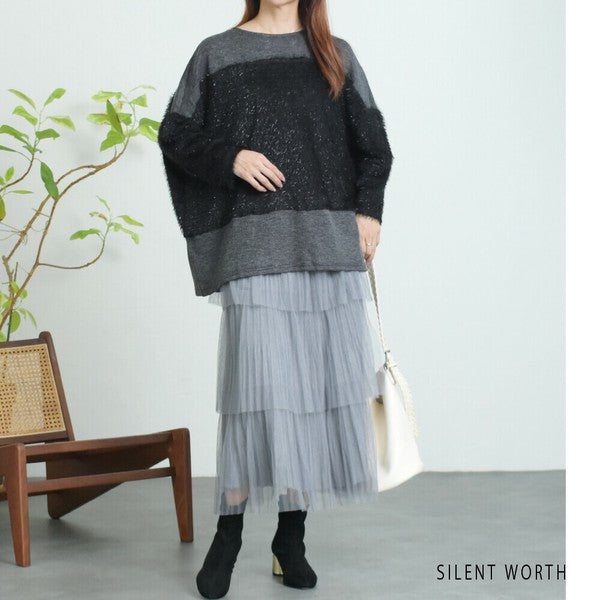 【M〜L相当】シャギー配色プルオーバー｜ふんわり起毛・異素材切替・大人ナチュラル・C-3177