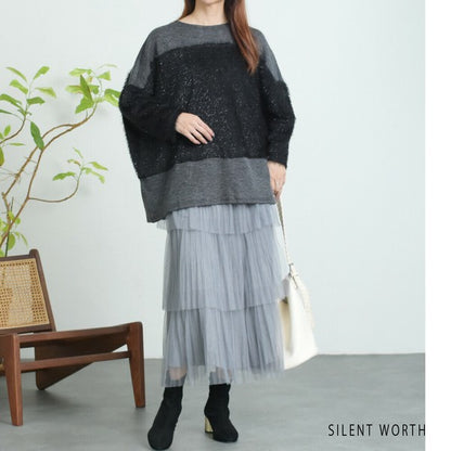 【M〜L相当】シャギー配色プルオーバー｜ふんわり起毛・異素材切替・大人ナチュラル・C-3177