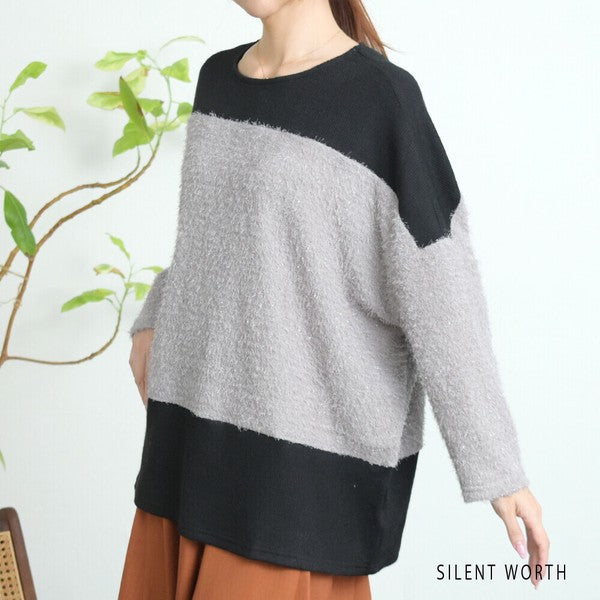 【M〜L相当】シャギー配色プルオーバー｜ふんわり起毛・異素材切替・大人ナチュラル・C-3177