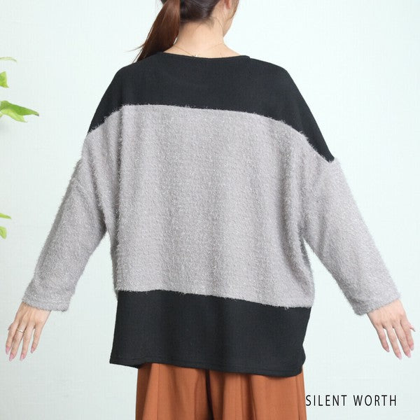 【M〜L相当】シャギー配色プルオーバー｜ふんわり起毛・異素材切替・大人ナチュラル・C-3177